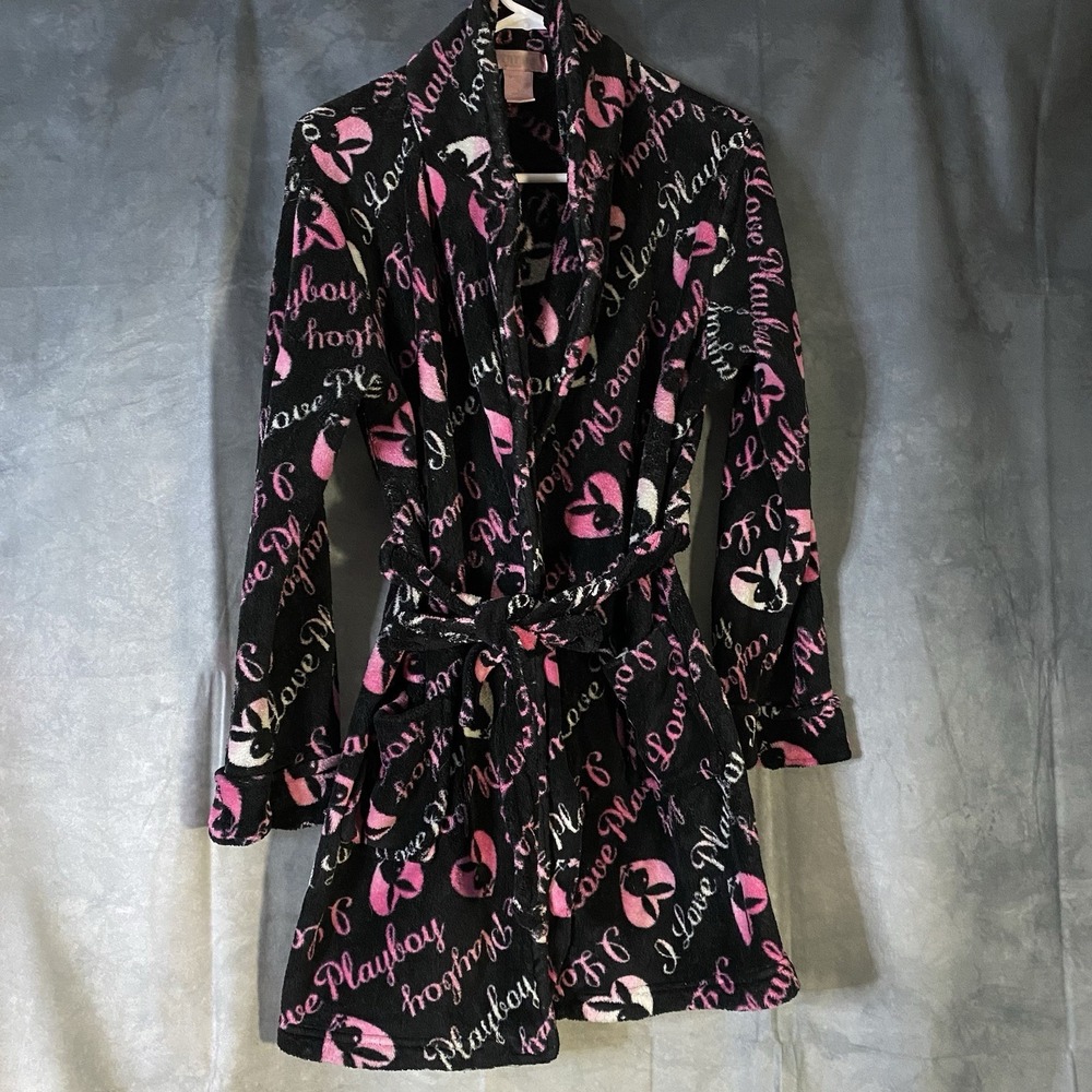 Playboy Bunny All Over Print Blackโ Belted Robe Sz L Vintage Loungewear Cozycore